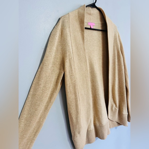 Lilly Pulitzer Metallic Linen Blend Open Front Cardigan M Gold Coastal Staple - Picture 2 of 6